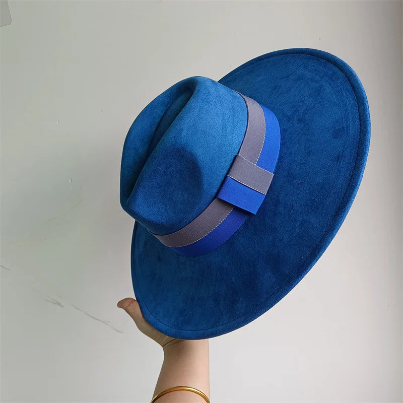 Colorblock ribbon suede felt hat by Ansoff, wide brim, retro British style for women and men, perfect for autumn and winter.