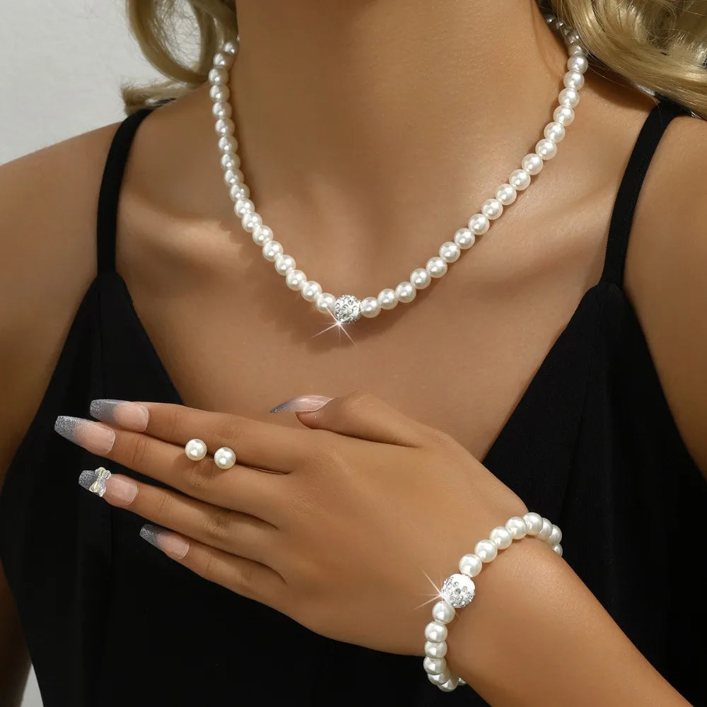 Imitation Pearl Necklace Women Elegant Jewelry Set Necklaces Bracelet Earrings for Ladies Party Fashion Accessories Adult Gifts