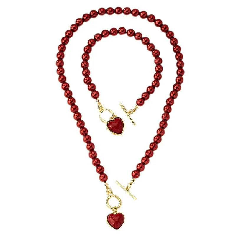 Elegant Simulated-Pearl Heart Necklace Bracelet Jewelry Set for Women Delicate Statement Beads Chain Wedding Party Jewelry Gifts