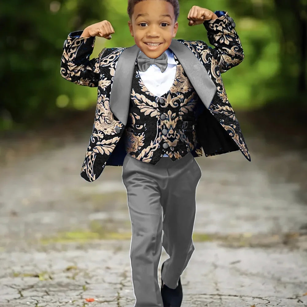 Boy's slim fit jacquard three-piece tuxedo suit by Ansoff, suitable for weddings and celebrations, featuring elegant fabric and tailored fit.