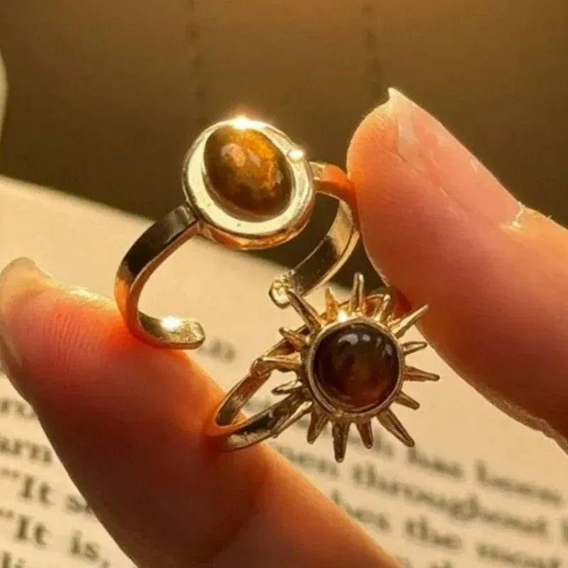 Retro Brown Stone Rings for Women - Irregular Gold Color Adjustable Ring Fashion Jewelry Gifts - Acros