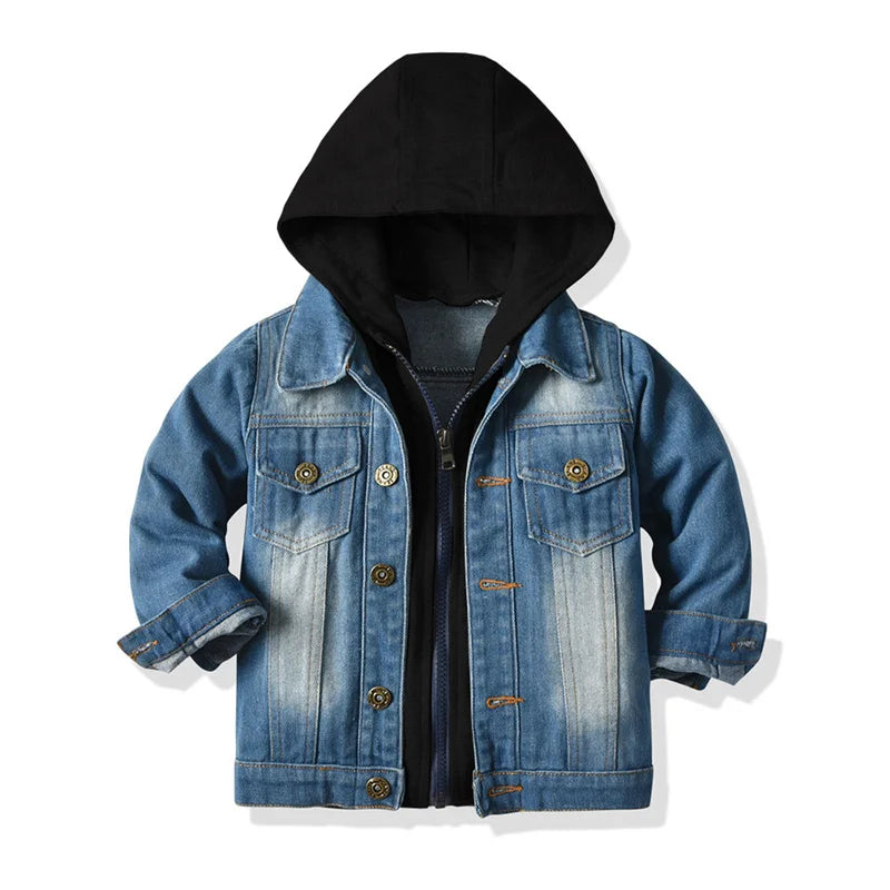 Ansoff boys' denim jacket with a short, single-breasted design, suitable for children in spring and autumn, featuring classic jean styling.