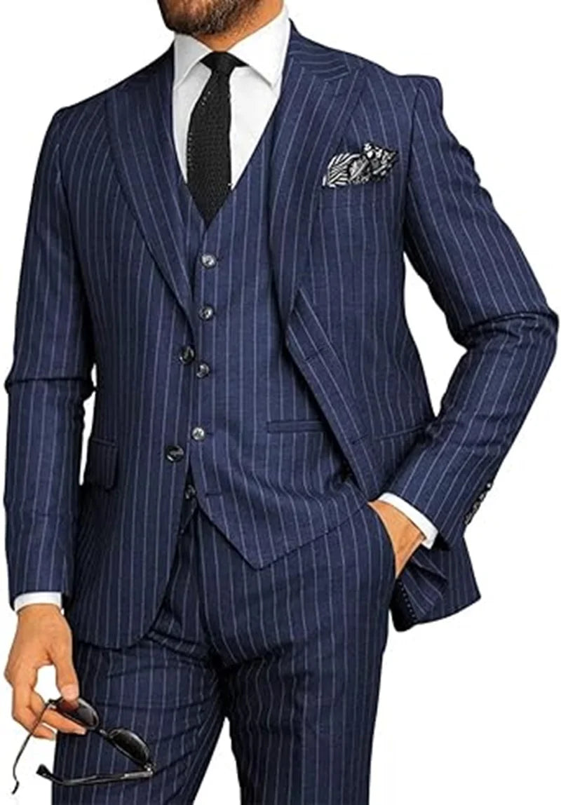 Elegant men's pinstripe suit by Ansoff, 3-piece blazer, vest, and pants set with peak lapel for wedding or business occasions.