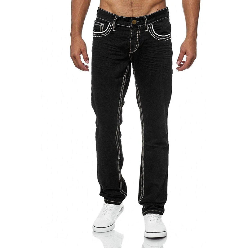Black men's straight-fit jeans by Ansoff, breathable, loose-fit overalls in blue, available in sizes S to XXXL.