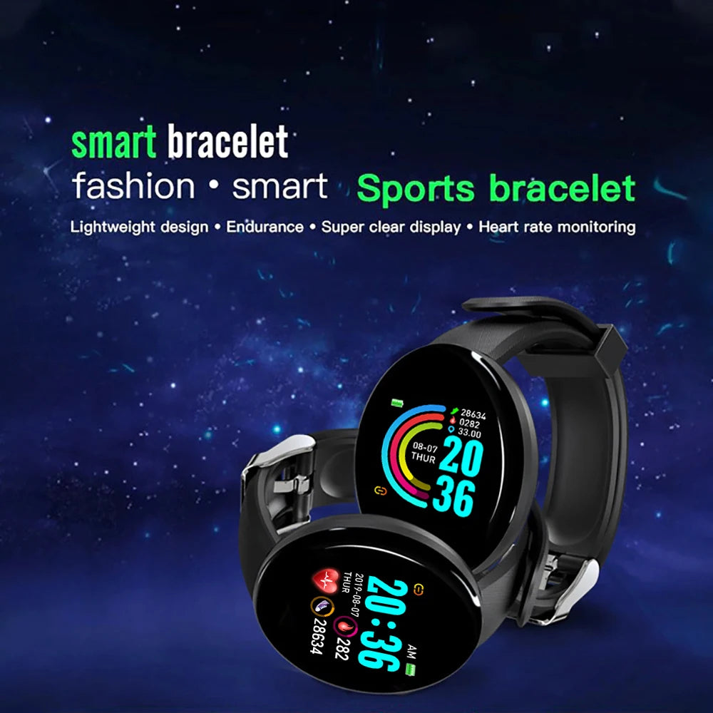 Ansoff D18 smartwatch with round digital display, heart rate monitor, fitness tracking, and adjustable band bracelet for men and women.
