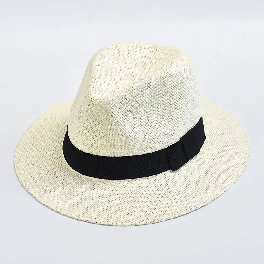 Ansoff summer casual straw hat for women and men, Panama style outdoor UV protection jazz beach hat with wide brim
