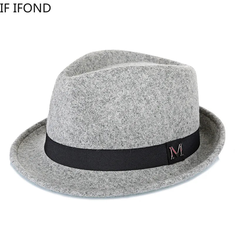 Men's warm felt fedora hat by Ansoff, featuring a classic narrow brim, wool material, and stylish gentleman jazz cap design.