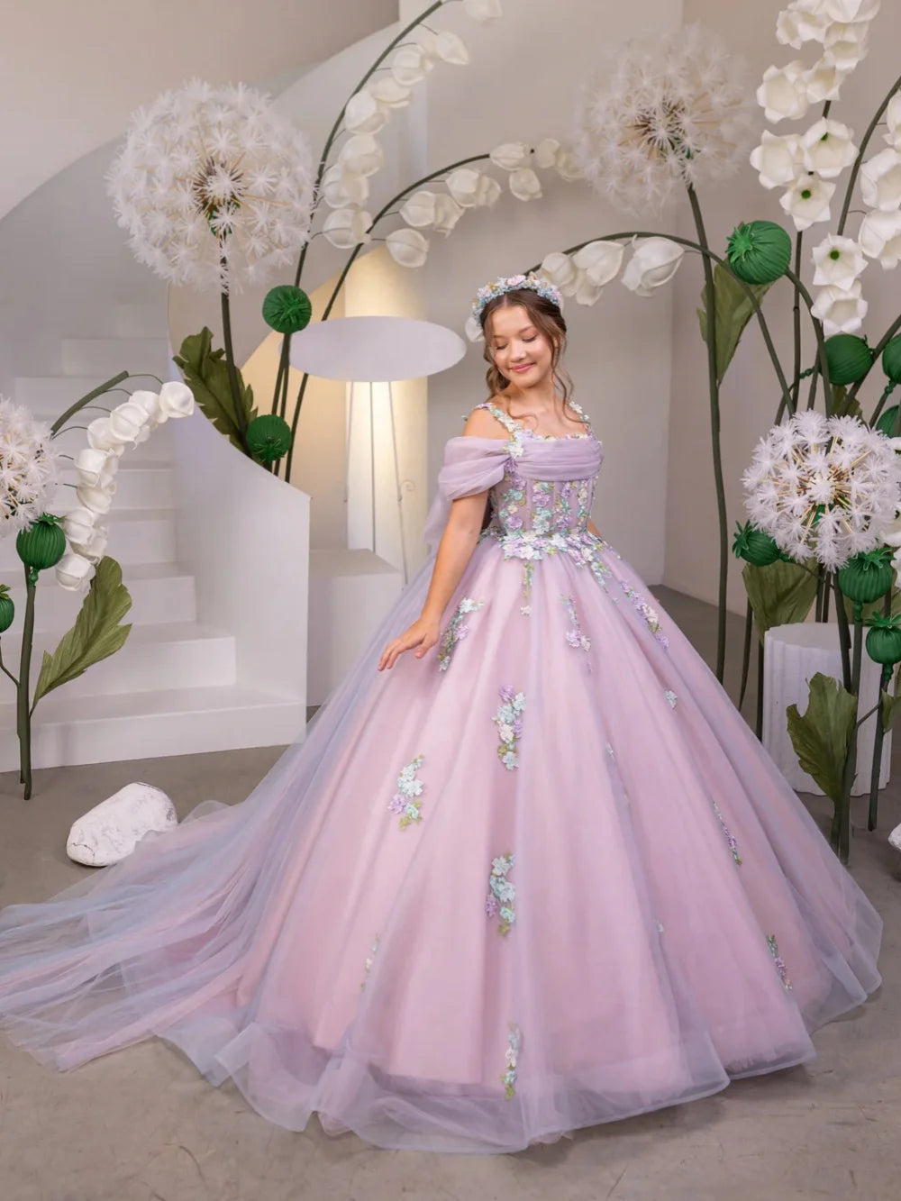 New Arrival Girls Lace Appliques Princess Gown For Birthday Party Charming Off Shoulder Kids Dresses Performance Outfit 2-14Y