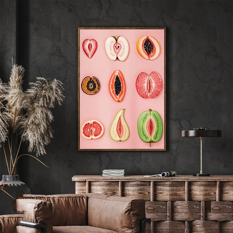 Art Deco Style Sliced Fruit Art Canvas Wall Pattern Print Wall Decor, Body Positivity, Portrait Orientation, Frameless