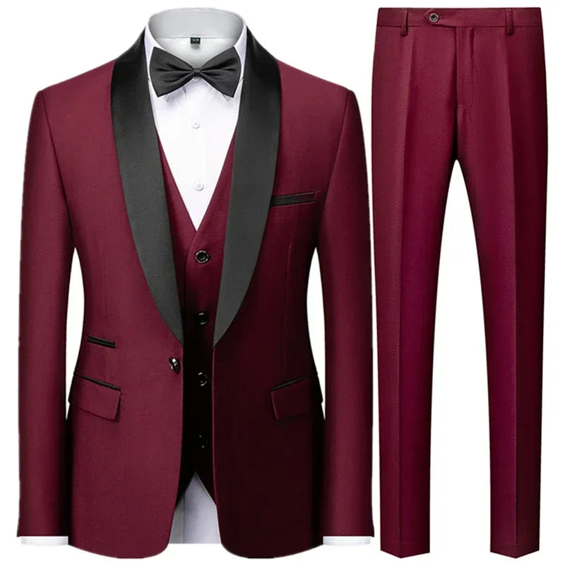 Ansoff black men's autumn wedding party suit set with blazer, vest, and pants, slim fit, large size, fashionable for formal occasions