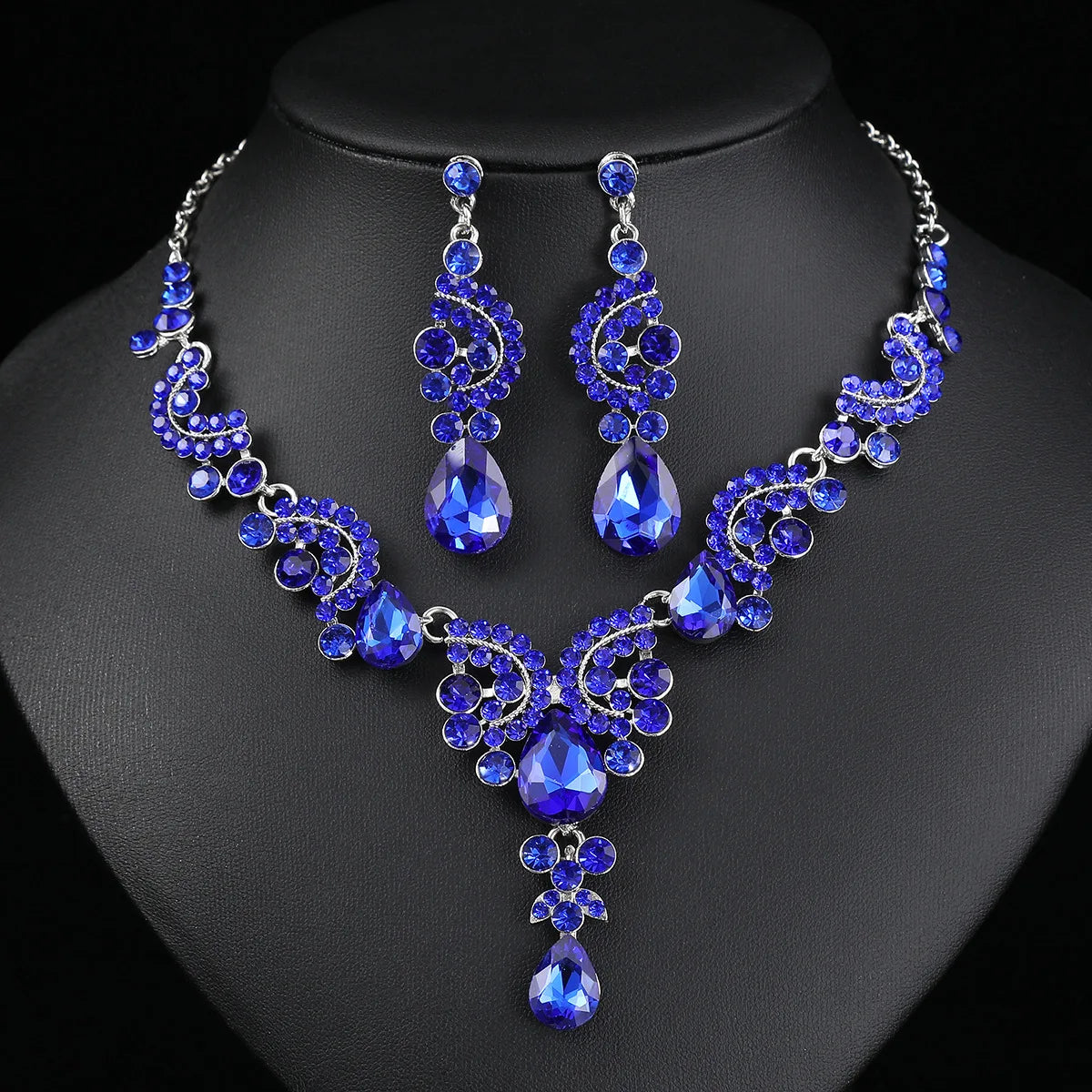 2pcs/set Jewelry Sets Women Blue Elegant Waterdrop Rhinestone Pendant Necklace stud Earrings Wedding Dress Bridal Jewelry Set