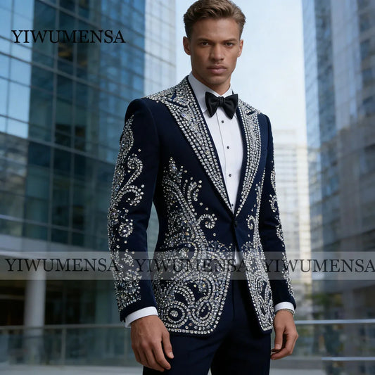Ansoff men's wedding tuxedo set featuring a sparkly beaded stones single-breasted jacket and matching pants for groom and party attire