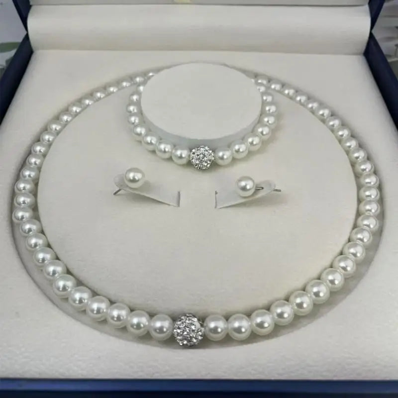 3 PCS Set Imitation Pearl Fireball Necklace Bracelet Earring Stud Jewelry Set Silver Color Crystal Stone Elegant Bridal Jewelry