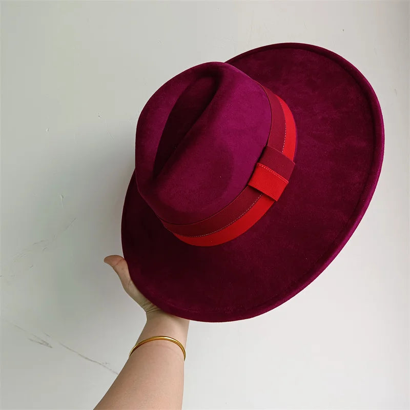 Colorblock ribbon suede felt hat by Ansoff, wide brim, retro British style for women and men, perfect for autumn and winter.