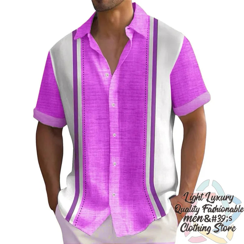 Men's summer striped linen print shirt by Ansoff, casual short-sleeved Hawaiian style with collar, oversized men's top.