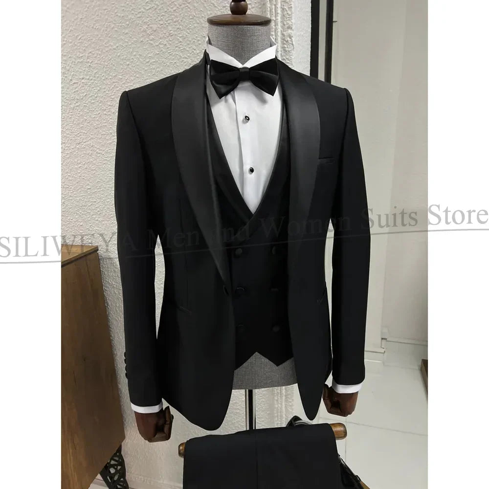 Black men's 3-piece tuxedo suit by Ansoff with shawl lapel, one-button jacket, perfect for weddings, parties, and formal occasions.