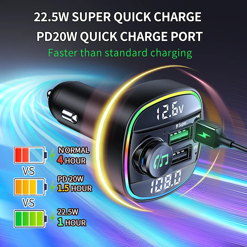 Ansoff Bluetooth 5.0 FM transmitter and car radio modulator with USB quick charge adapter, MP3 player, and handsfree phone support.