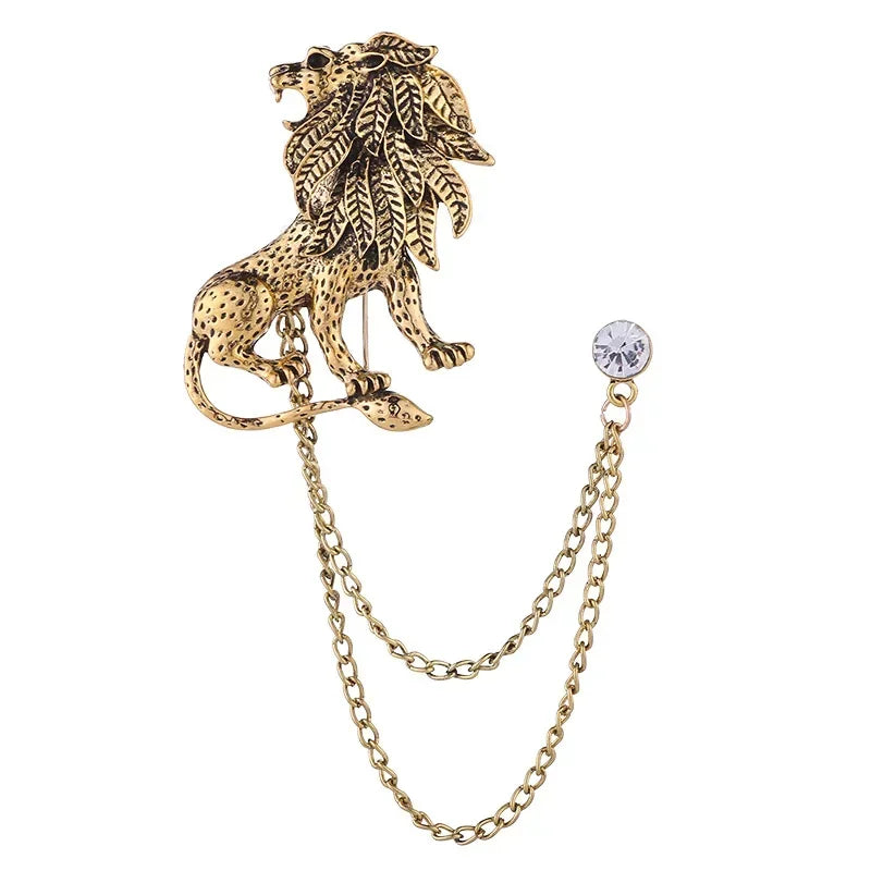 Korean fashion crystal lion brooch with tassel chain and lapel pin, British style men's shirt collar accessory by Ansoff