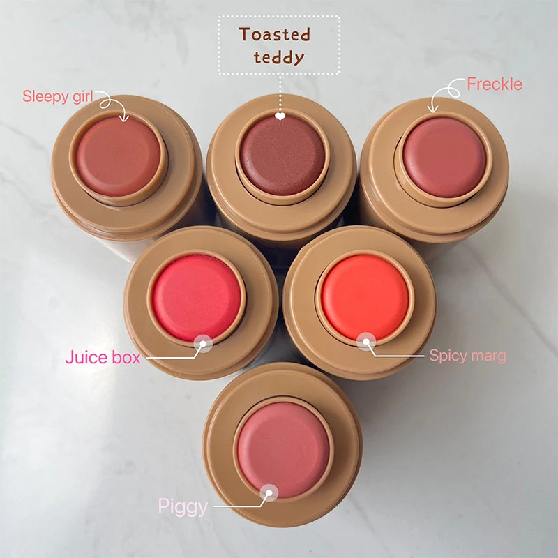 Ansoff Brand skin balm jelly bean lip gloss and waterproof blush stick with moisturizing lipstick in vibrant shades, displayed on a white background.