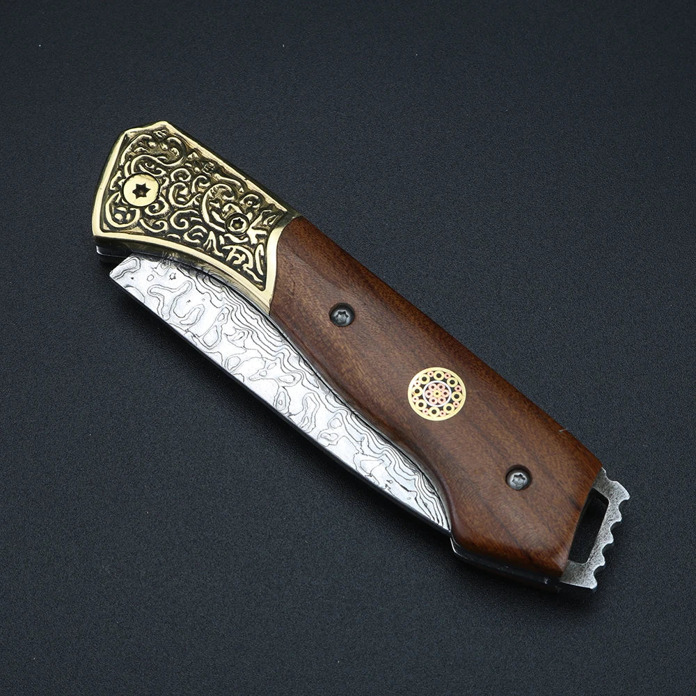XUANTENG Brass Damascus steel folding knife, high hardness outdoor pocket knife, sharp fruit knife