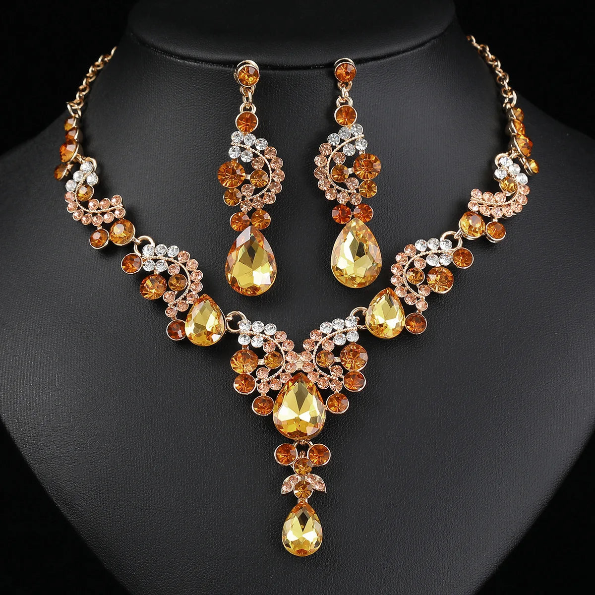 2pcs/set Jewelry Sets Women Blue Elegant Waterdrop Rhinestone Pendant Necklace stud Earrings Wedding Dress Bridal Jewelry Set