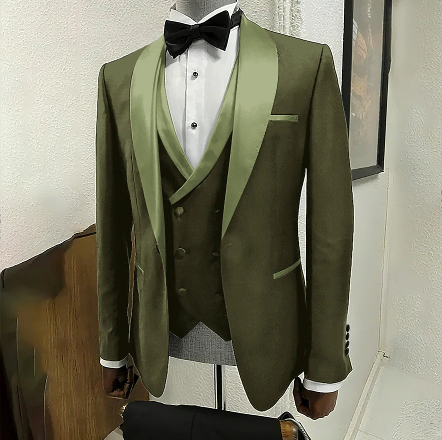Black men's 3-piece tuxedo by Ansoff with shawl lapel, one-button jacket, ideal for wedding, formal events, and parties.