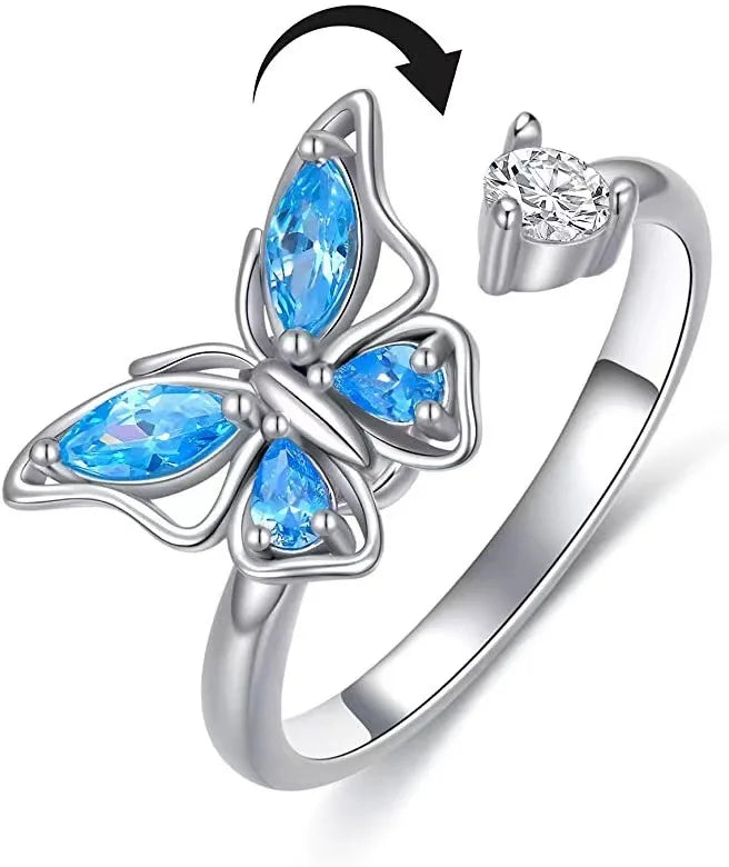SMJEL Fidget Spinner Ring Anxiety for Women Multiple Crystal Flower Eye Butterfly Animal Ring Rotate Anti Stress Wedding Jewerly