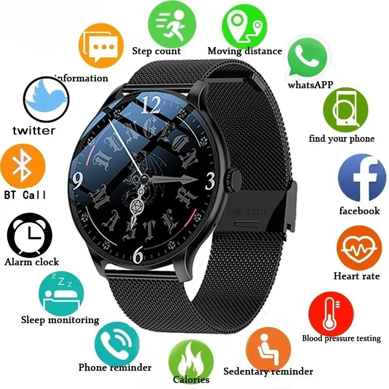 Ansoff electronic smartwatch for men and women with fitness tracking, blood pressure monitor, Bluetooth call, and sport features.