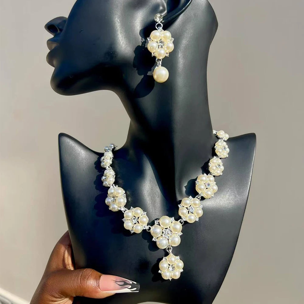 Elegant Imitation Big White Pearl Necklace Earring Jewelry Set for Women Party Wedding Pearl Accessories
