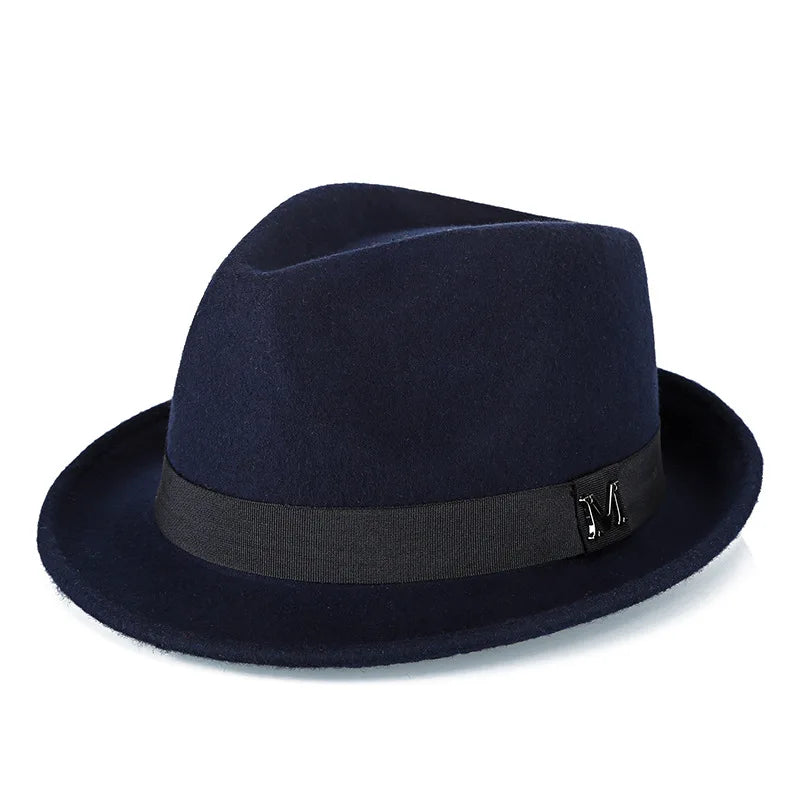 Men's winter felt fedora hat by Ansoff, featuring a thick warm wool construction, narrow brim, classic jazz cap style.
