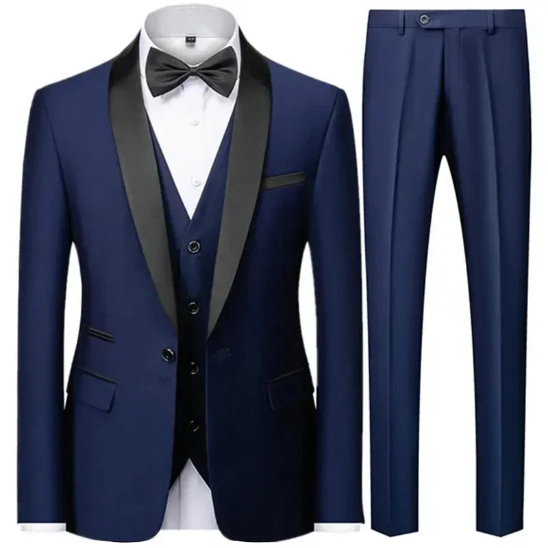 Black men's autumn wedding suit by Ansoff, featuring blazer, vest, and pants in a slim fit, large size, stylish party attire.