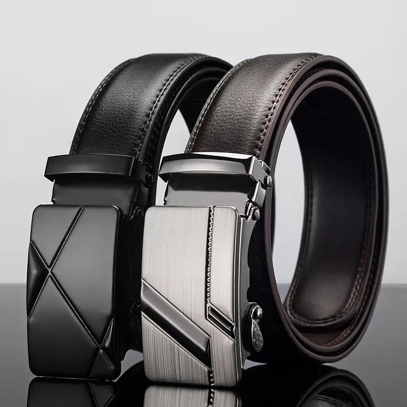 Black men's leather belt with metal automatic buckle by Ansoff, featuring a high-quality PU strap for business and formal wear.