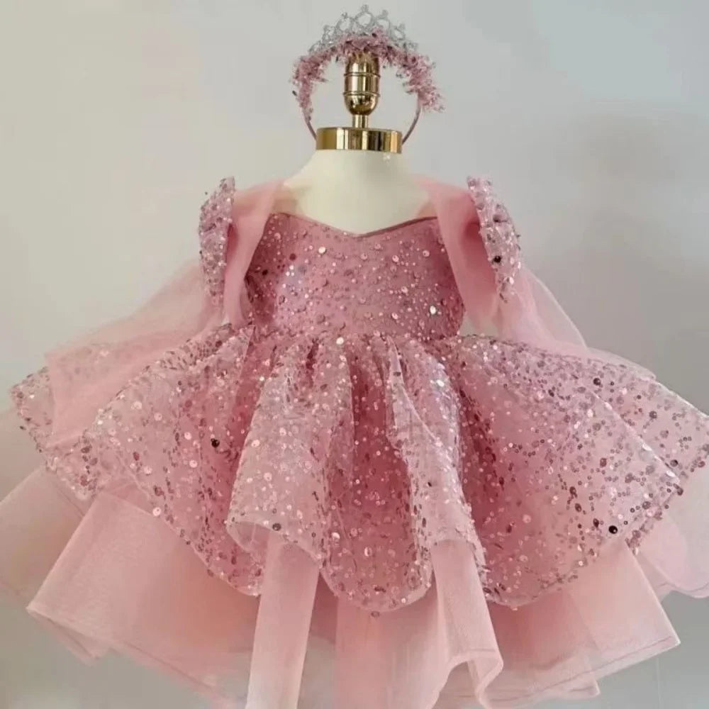 Girls sequined princess dress by Ansoff with V-neck, bow shoulders, layered tulle skirt, perfect for formal parties.