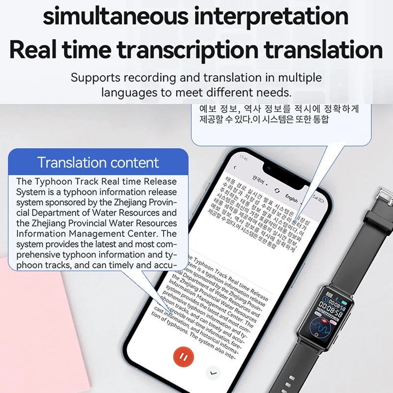 Ansoff smart recording watch with AI recorder, real-time transcription, translation, and bracelet design, shown with app control features.