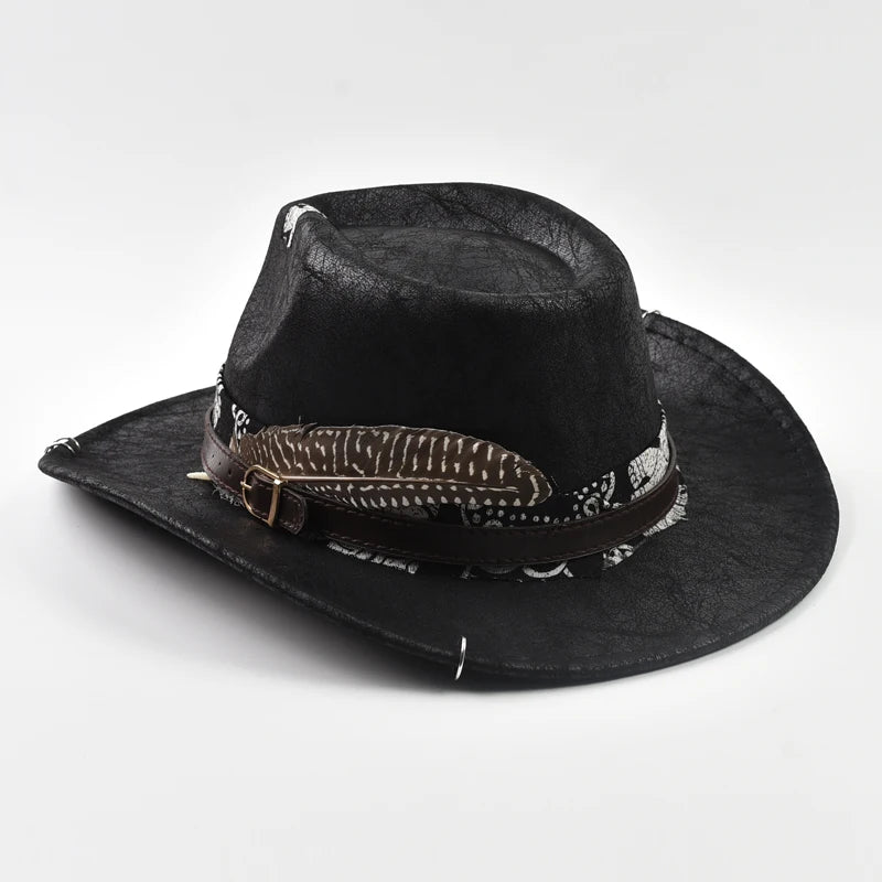 Vintage Faux Leather Western Cowboy Hat For Men Handmade Gentleman Jazz Hats Panama Cowgirl Hat Sombrero Hombre