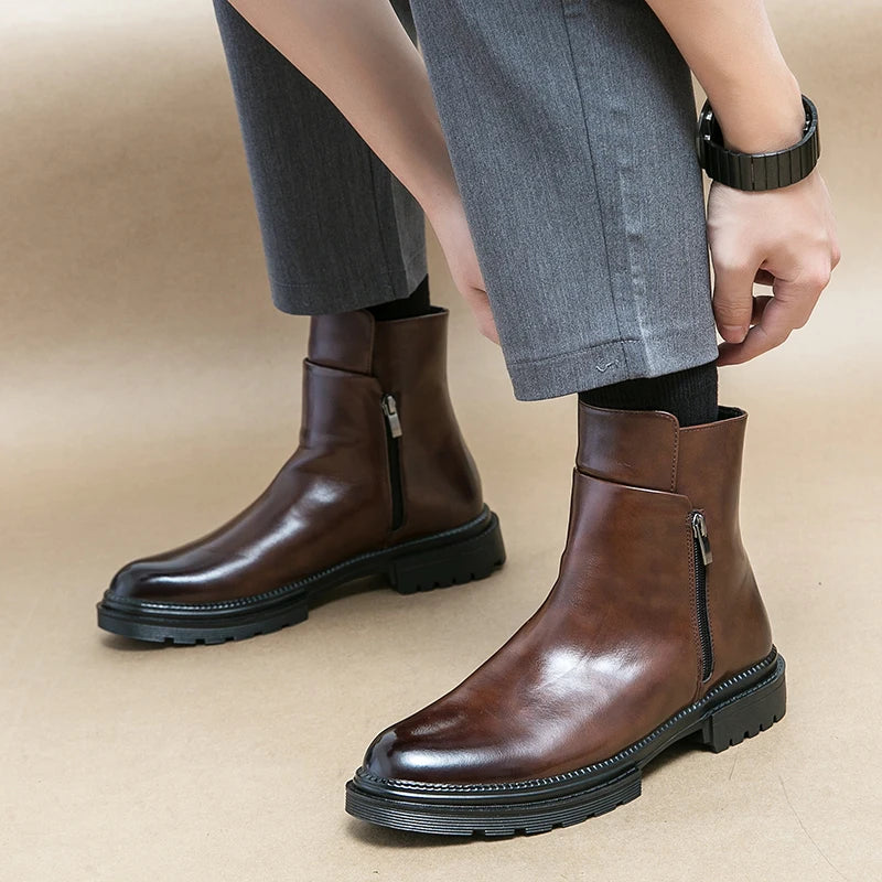 Round Toe Shoes Men's High Top Footwear Classic Retro Leather Chelsea Boots Side Zipper Fashion Ankle Boots Male Business Shoes - Acros