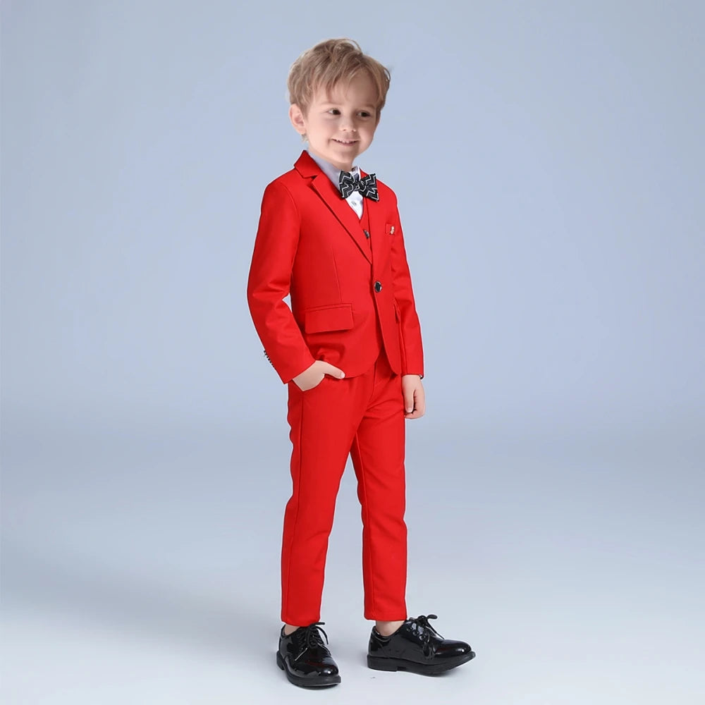Red kids suit set by Ansoff featuring an elegant boys' suit for Christmas, New Year, school opening, and piano performances.