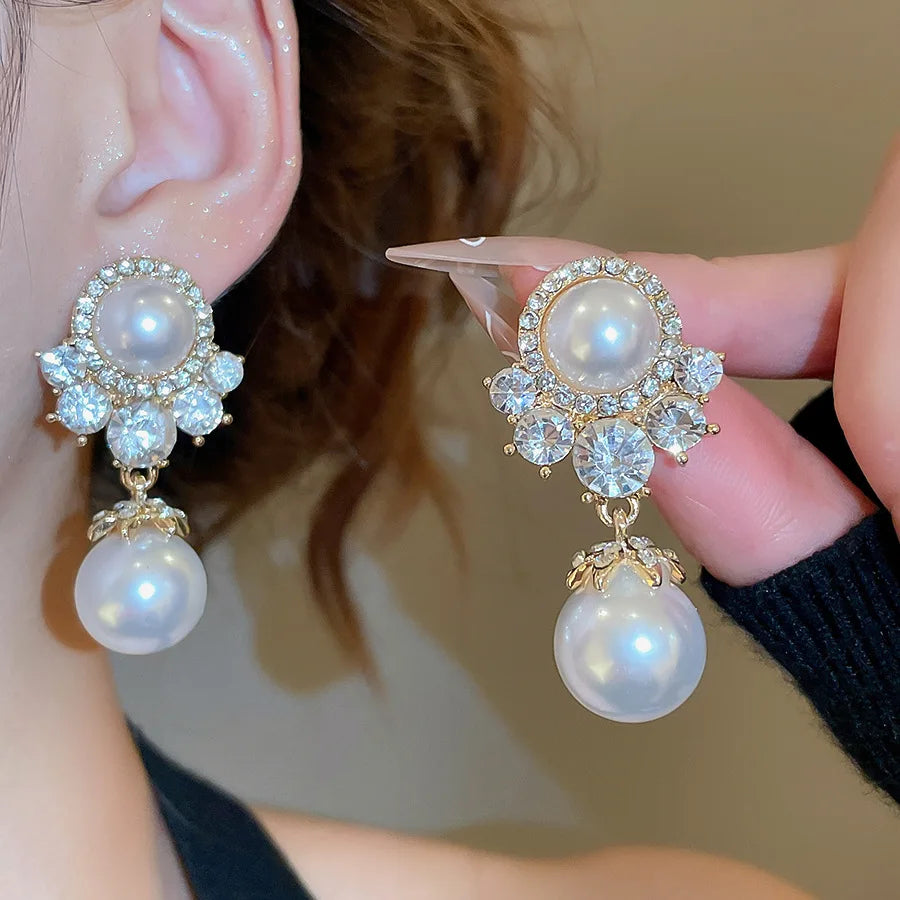 Imitation Pearl Pendant Earrings French Inlaid Shiny Rhinestones Pendnat Necklaces Elegant Woman for Wedding Party Jewelry Set K