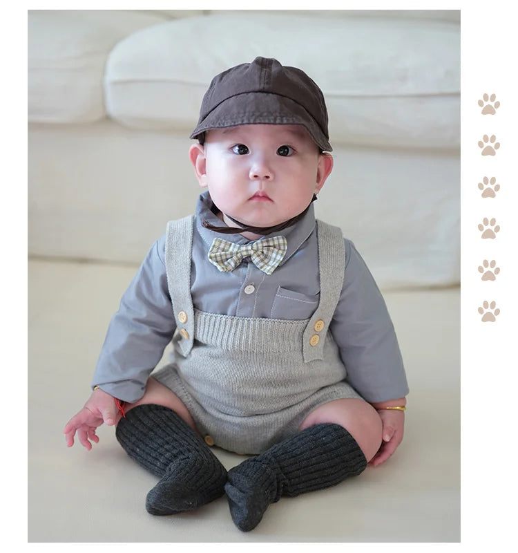 Newborn Baby Romper + Knitting Overalls + Hat + Socks 4pcs Clothing Set Spring Autumn Boy Infant Toddler Jumpsuit Clothes
