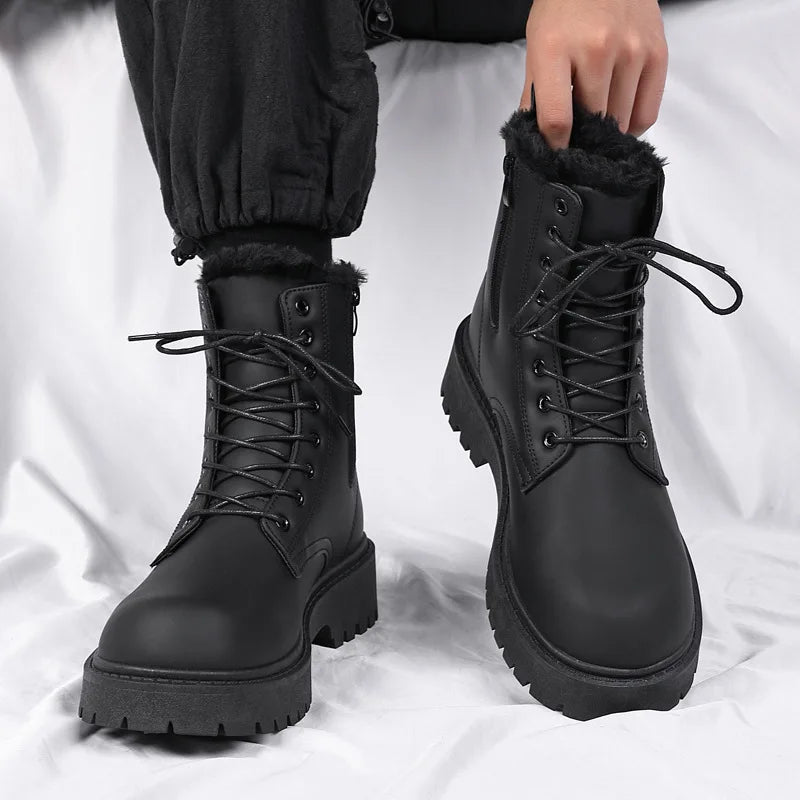 Ansoff black leather men's high top platform motorcycle boots with lace-up design, waterproof casual British style footwear.