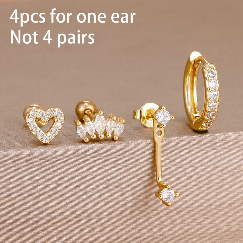 4PCS Stainless Steel Circle Huggie Hoop Earrings Set for Women Gold Color Unique Zircon Flower Stud Earring Piercing Jewelry