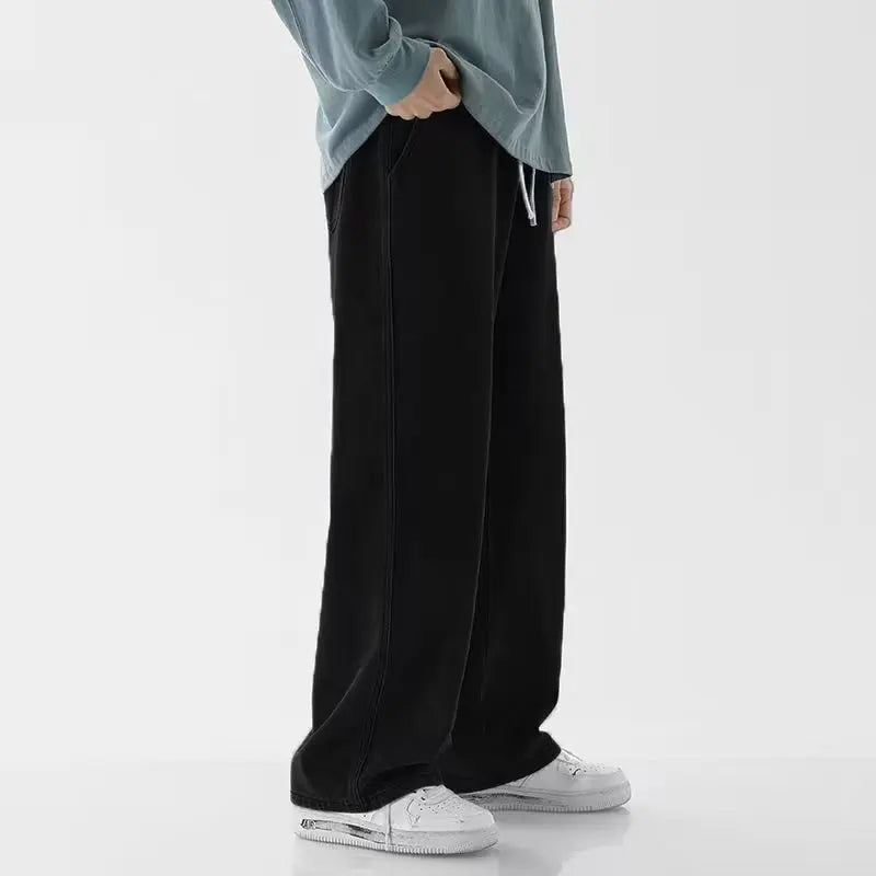Ansoff men's streetwear loose jeans in black and light blue, featuring a Korean style straight wide-leg fit and casual fashion look.