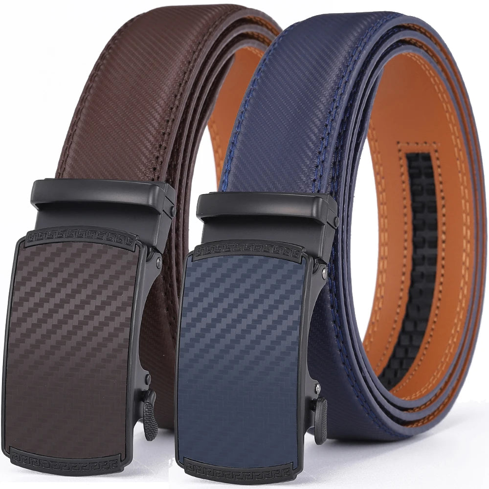 Men's genuine leather belt with alloy automatic buckle, blue designer fashion belt by Ansoff, suitable for business and casual wear.