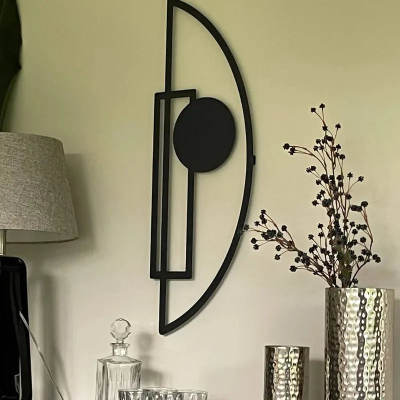 Elegant Black Metal Geometric Wall Art – Modern Vertical Abstract Decor with Circle & Rectangle Design – Ideal for Living Room