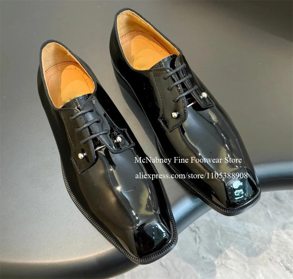 Leather Derbys Dress Shoes Metal Lace Tips Oxfords Square Toe Lace Up Business Wedding Formal Shoes for Men Comfortable Footwear