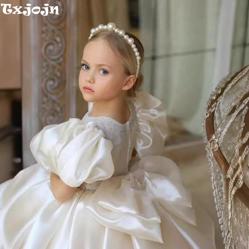 Ansoff glitter puffy tulle ball gown wedding flower girl dress with bow, cute O-neck, suitable for kids' communion or princess prom wear
