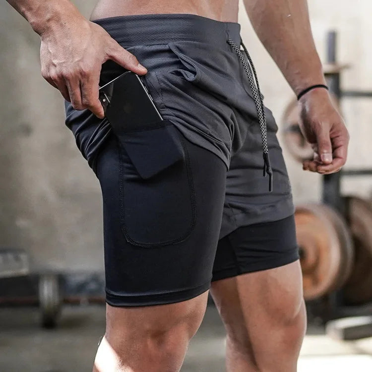 Men’s camo running shorts by Ansoff, 2-in-1 gym sports shorts with quick-dry fabric for workout, training, and jogging.