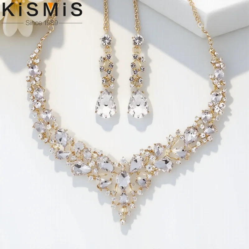 Elegant Bridal Crystal Rhinestone Necklace Earrings Set Wedding Valentine Gift Teardrop Dangle