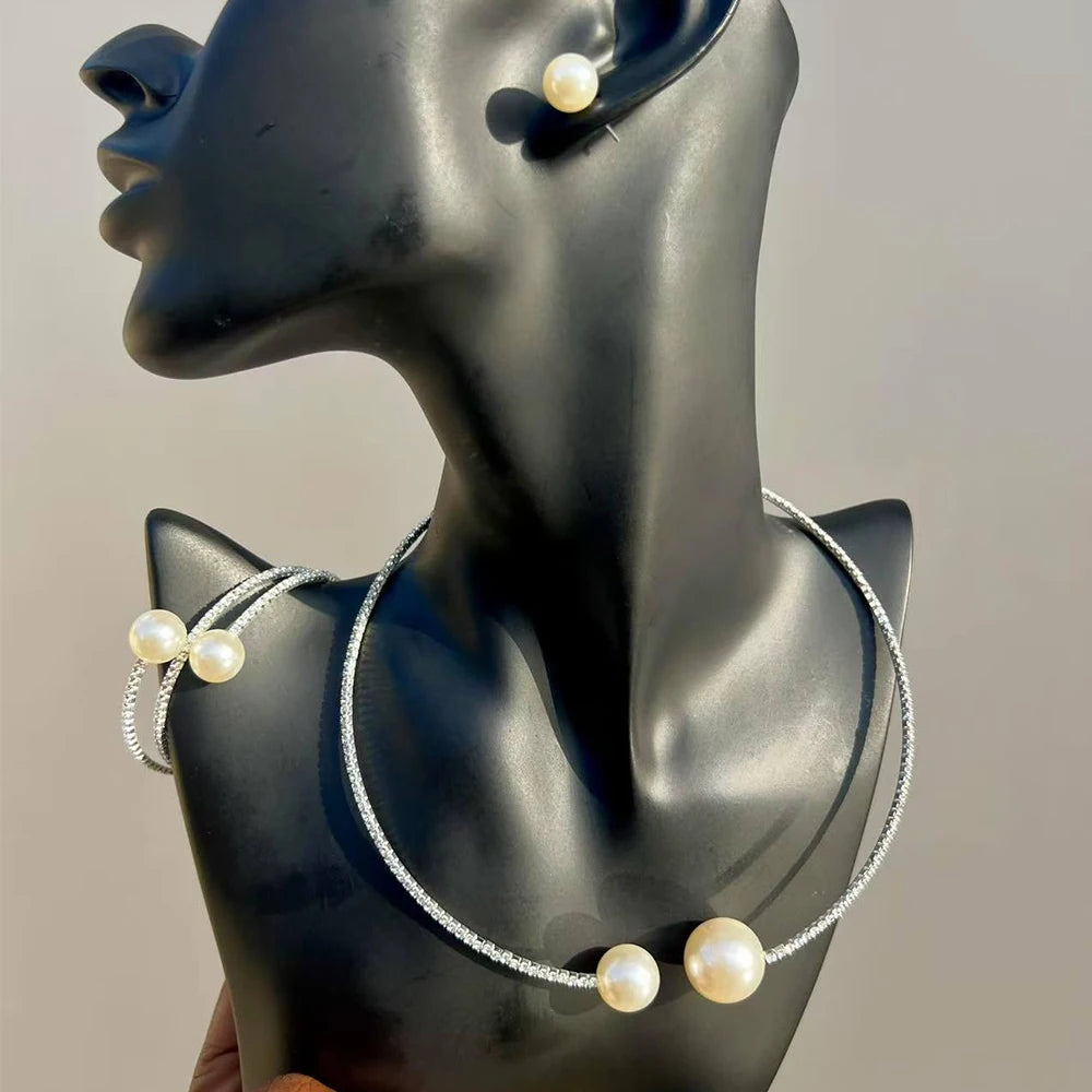 Elegant Imitation Big White Pearl Necklace Earring Jewelry Set for Women Party Wedding Pearl Accessories