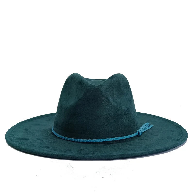 Ansoff malachite green suede fedora hat with wide brim, suitable for men and women, perfect for autumn and winter fashion.